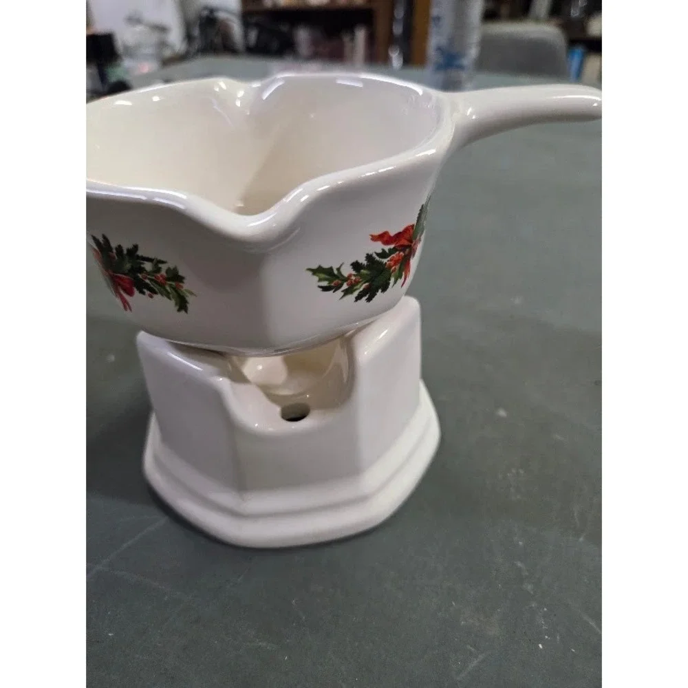 Pfaltzgraff Christmas Holly Ceramic Butter Warmer with Stand White